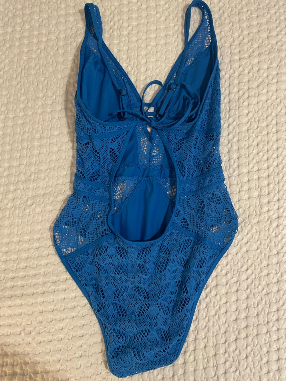 BECCA Blue Crochet One-Piece Swimsuit Size Large - Picture 3 of 5